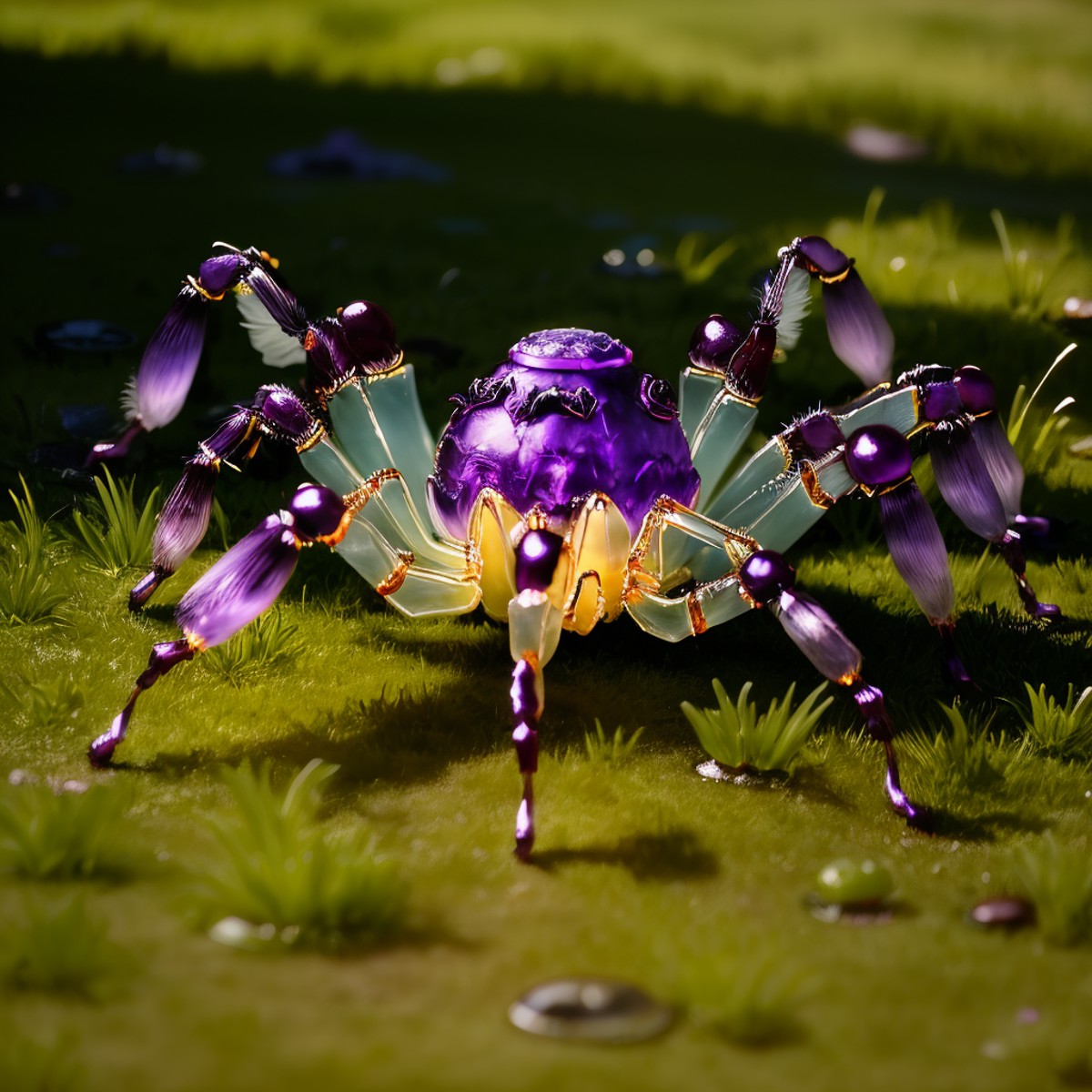 a (purple glaze, transparent:1.1) cute (spider:1.2), arachnid, (solo:1.2), standing in lawn, <lora:colouredglazecd-000006:...